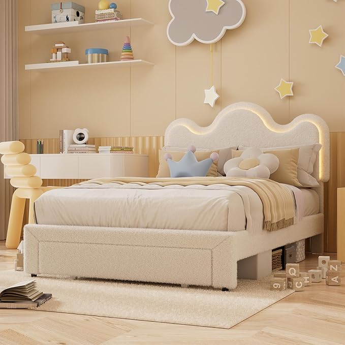 FULL Upholstered LED Bed Frame with Storage Drawers Girls Bed with flower Headboard Lamb Velvet Princess Platform Bed Frame for Kids/Girls Strong Wood Slat Support,No Box Spring Needed,Easy Assembly