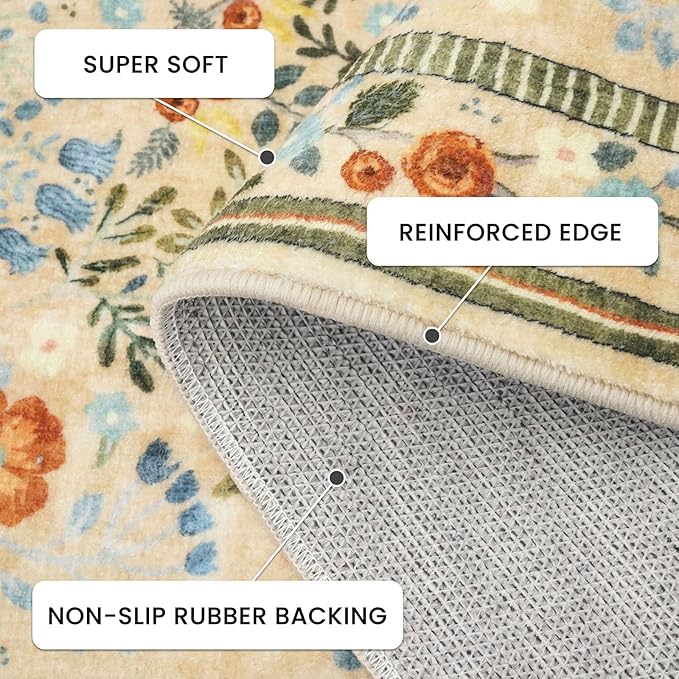 Rugs for Living Room 8x10, Machine Washable Non-Slip Thin Area Rugs, Boho Vintage Floral Soft Bedroom Carpet Rug for Home Indoor Dining Room, Beige/Multi