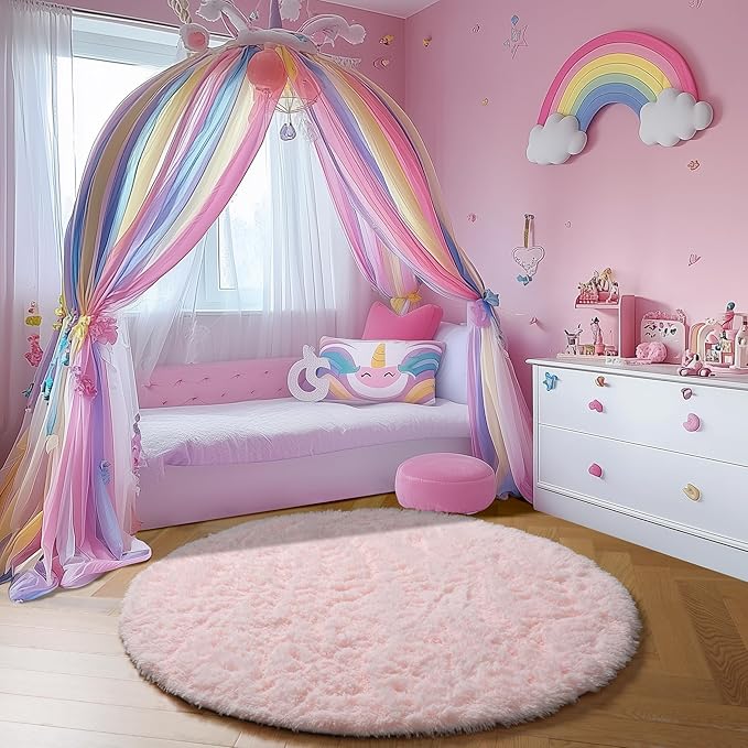 Pink Fluffy Round Rug 5Ft for Girls Bedroom Decor Aesthetic, Shaggy Circle Area Rugs for Kids Room Living Room, Cute Fuzzy Carpet for Nursery, Dorm, Classroom, Teen, Princess, Comfy Baby Playroom Rug