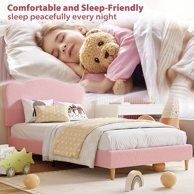 GarveeHome Upholstered Twin XL Size Bed Frame for Kids with Scallop Headboard, Cute Velvet Twin XL Bed for Girls, Boys, Sturdy Platform Bed, No Box Spring Needed, Wooden Slats, Noise Free, Pink