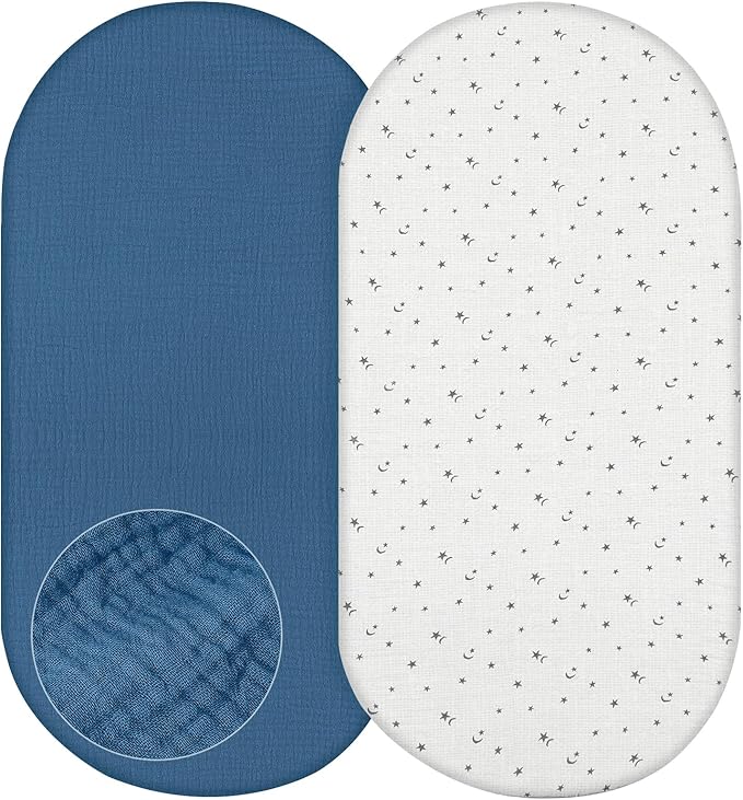 Basumee Muslin Bassinet Sheets for Baby Girl Boy 2 Pack Soft Breathable Baby Bedside Bassinet Fitted Sheets with Bottom Elastic Band 33''x17''x4'' Mattress Cover for Rectangle Oval Hourglass Bassinets