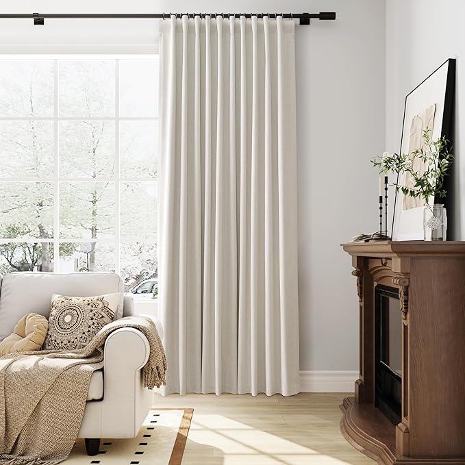 Cream 100% Blackout Linen Black Out Curtains 63 Inch Length Farmhouse Beige Light Blocking Soundproof Room Divider Curtains for Living Room Nursery Kitchen Textured Back Tab Hook Belt 2 Panels 52x63