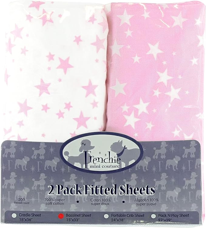 Frenchie Mini Couture Bassinet Sheets 100% Woven Cotton Pink Stars, 15 x 33in, 2-Pack