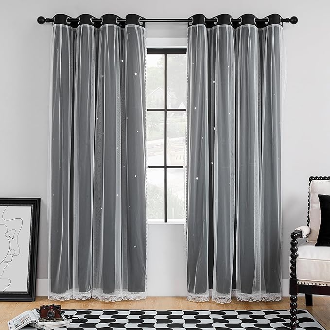 XiDi Black Out Curtains - Unicorn Kids Room Decor, Black & White 52" Wide 2 Panel Blackout