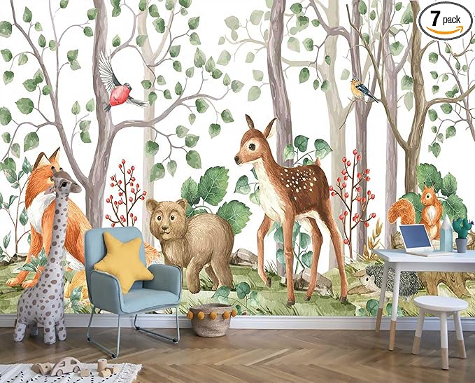 Cute Forest Animals Green Plants Trees Grasslands Composition Watercolor Mural for Interior Wall Decoration（Not Peel and Stick）
