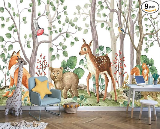 Cute Forest Animals Green Plants Trees Grasslands Composition Watercolor Mural for Interior Wall Decoration（Not Peel and Stick）