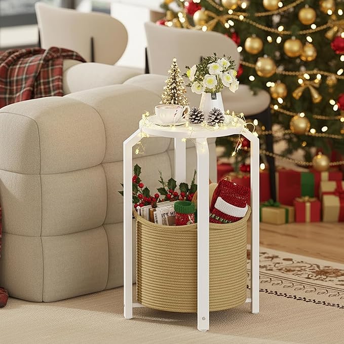 TUTOTAK Small Side Table, Round End Table, Night Stand, Bedside Table, Set of 2, Sofa Table with Storage Basket, Living Room, Bed Room, White and Beige TB01BWN0922