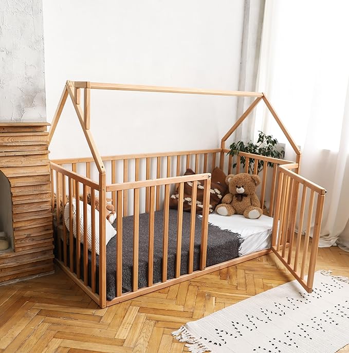 BUSY WOOD Montessori Bed for Toddlers - Floor Bed Frame Full - Floor Toddler Bed with Rails - Montessori Bed Queen- Floor Toddler Bed with Rails - Montessori Floor Bed Frame (Model 21)