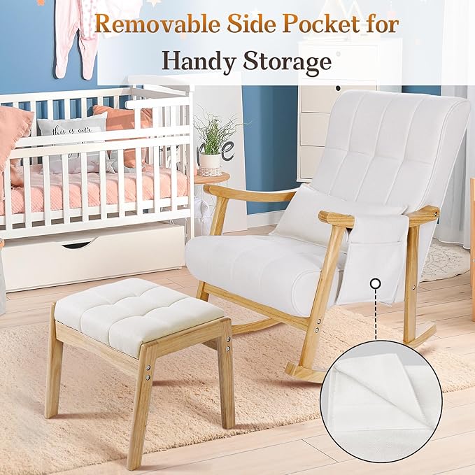 NOBLEMOOD Rocking Chair Indoor with Ottoman, Nursery Rocking Chair with Lumbar Pillow, High Back Upholstered Solid Wood Frame Rocker for Living Room
