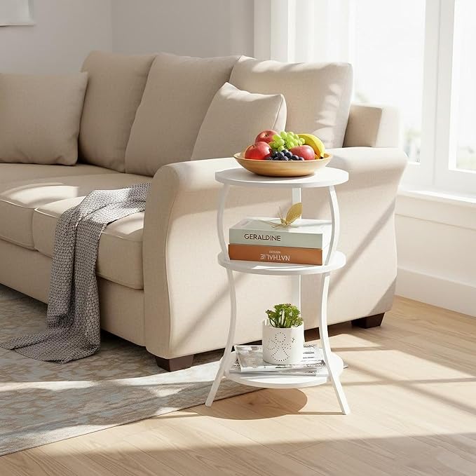 Vintage Small Round Side Table, 3-Tier Slim Waist Circular End Table with Storage Shelf, Compact Tea Sofa Table, Round Corner Coffee Table Nightstand for Living Room Bedroom Small Spaces,White