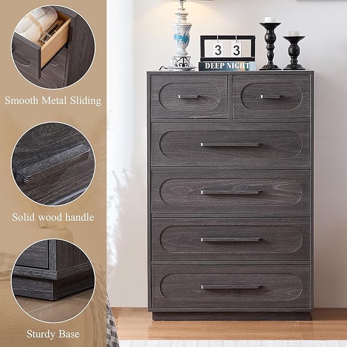 Grey 6 Drawer Dresser for Bedroom, 44" Tall Dresser & Chest of Drawers with Solid Wood Handle, Large Wood Storage Dressers Organizer for Bedroom, Living Room