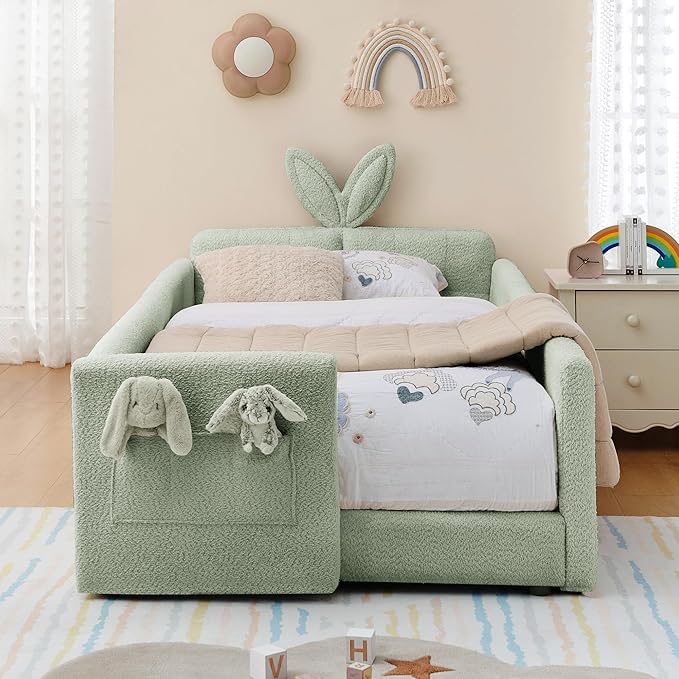 DEINPPA Twin Size Platform Bed Frame with Rabbit Ear Shaped Headboard and Pocket, Boucle Upholstered Bed Frame with Guardrail for Children Kids Boys Girls-Green