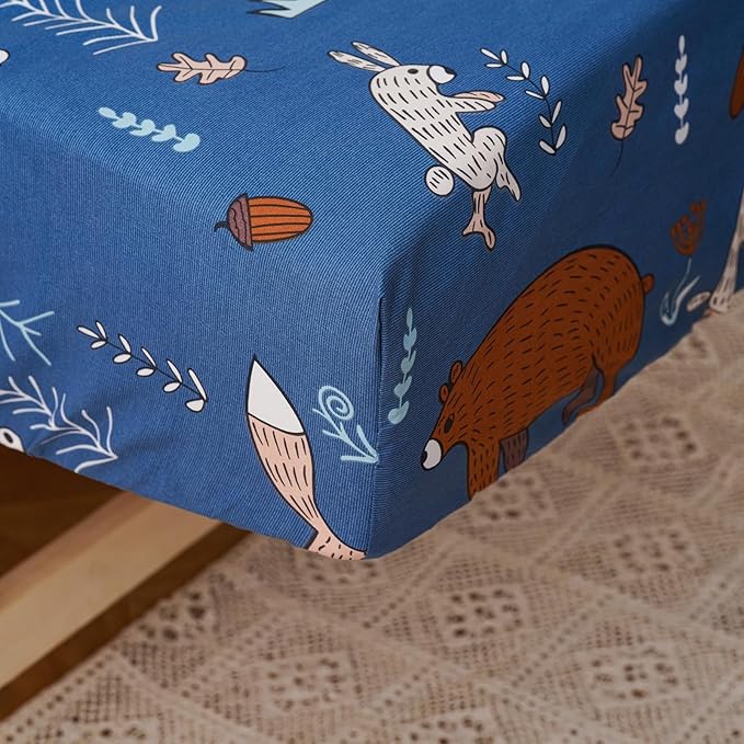 KAREVER Cartoon Toddler Bedding Set Bear Fox 4 Pieces Crib Bed Set Kids Navy Blue Animal Print Comforter Set