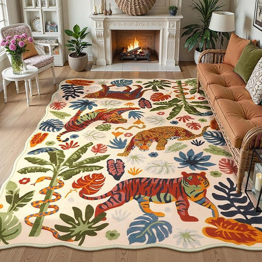 LEEVAN 5x7 Animal Area Rugs Washable Beige Tiger Living Room Rugs Non Slip Scalloped Tiger Bedroom Rug Low Pile Leopard Nursery Floor Carpet Jungle Leaf Print Kids Rug