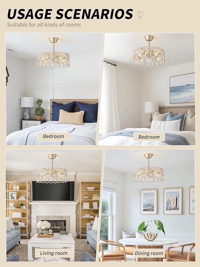 20" Gold Crystal Fandelier Ceiling Fans with Lights, Gold Chandelier Ceiling Fan with Light Remote Control, Mid-Century Modern Caged 6 Speeds for Bedroom, Nursery, Foyer, Living Room