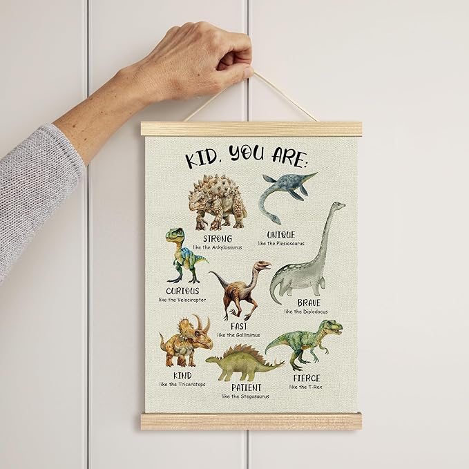 BCUANGD Dinosaur Dino Wall Decor - Inspirational Baby Toddler Boys Room Wall Art Poster Hanger with Wood Frames, Kids Mental Health Wall Hanging Canvas Decor for Home Kids Room Bedroom, 12x16 Inches
