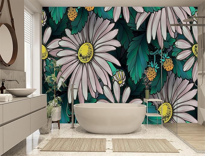 XMPMBM-Sunflower Cartoon Plant Floral Fabric Wallpaper Leaf Botanical Living Room Bedroom Bathroom Nursery Room Wall Mural-W 154" X H 105"（112 Square Foot）