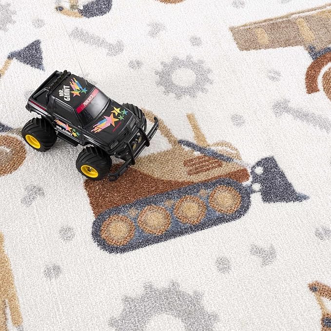 Hauteloom Mochi Kids Room, Nursery Machine Washable Area Rug - Construction Vehicles Machines - Cream, Brown, Beige - 7'10" x 10'