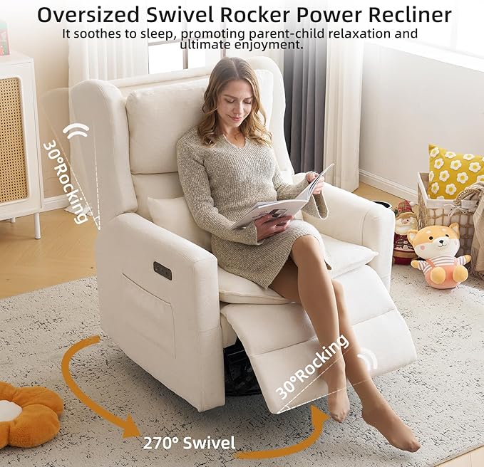 Oversized Swivel Rocker Recliner Chair, 26" Extra Wide Nursery Glider Recliner with Adjustable Headrest, Power Recliner Swivel Glider with Double Cushion, Cup Holder, White