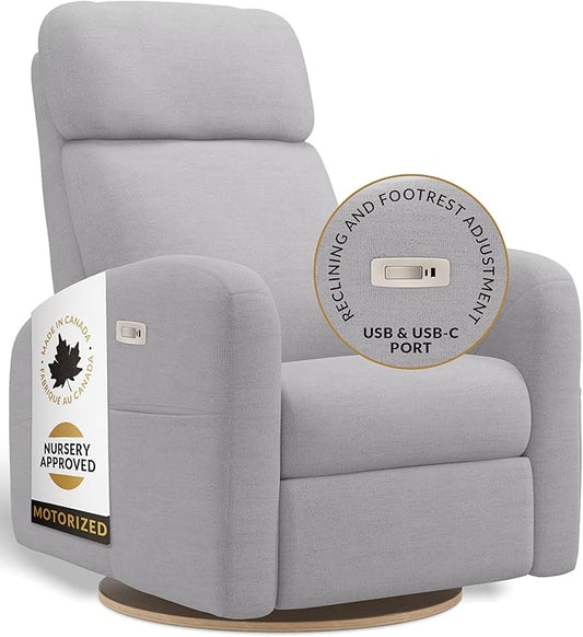 Jaymar Hailey Modern Nursery Glider Recliner Chair (Motorized) – Cozy Nursing Chair with 180° Swivel for New Parents, High Back & Low Armrests, Adjustable headrest, Canadian Made (Como Dove Grey)