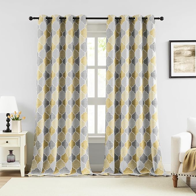 Christmas Geometric Curtains for Bedroom Gray/Yellow Trellis Moroccan 100% Blackout Curtains 90 Inch Length Room Darkening Thermal Insulate Drapes Grommet Top Window Treatments, 2 Panels