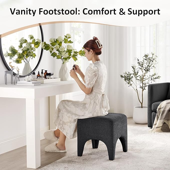 17" Boucle Modern Square Foot Stool Ottoman, Vanity Stool for Makeup, Rectangle Foot Rest for Couch, Upholstered Ottoman Stool for Living Room, Bedroom, Entryway (2, Dark Grey)