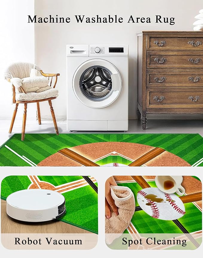 Washable Low Pile Baseball Rug 5x7- Sports Decor for Boys Room, Non-Slip Kids Bedroom Carpet, Durable Baseball Themed Floor Mat