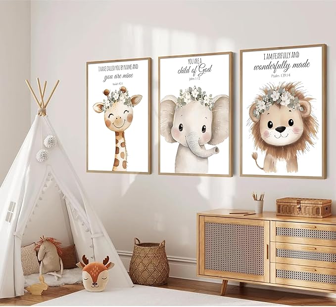 3 Pcs Nursery Bible Verse Animal Wall Art Cute Funny Safari Animals Christian Painting Picture Wall Decor Giraffe Elephant Lion Poster Print Artwork for Boys and Girls Home Decoration Unframed