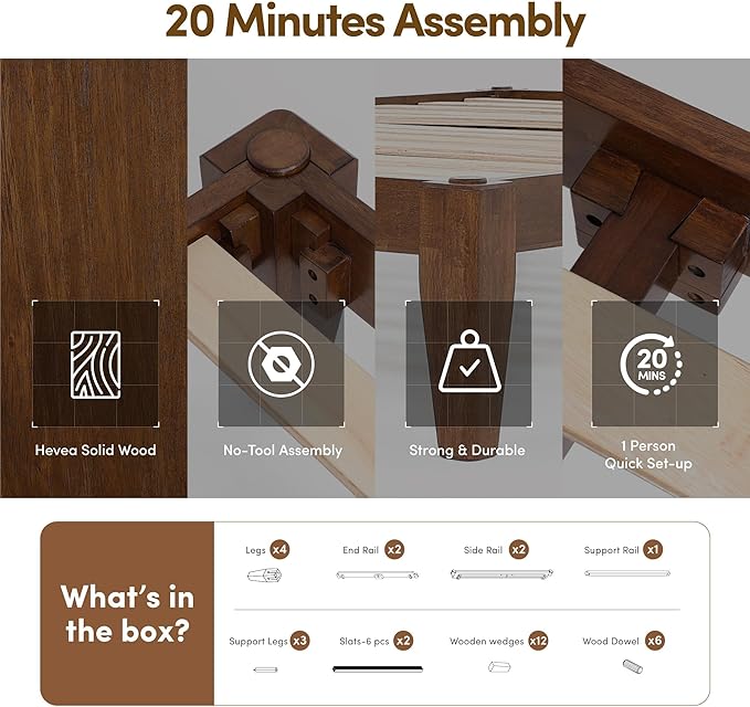 Thor Premium Solid Wood Bed Frame Twin XL, Platform Bed, Japanese Joinery Bed Frame, Wood Slat Support, No Box Spring Needed, Easy Assembly, Minimalist & Modern Style (Walnut)
