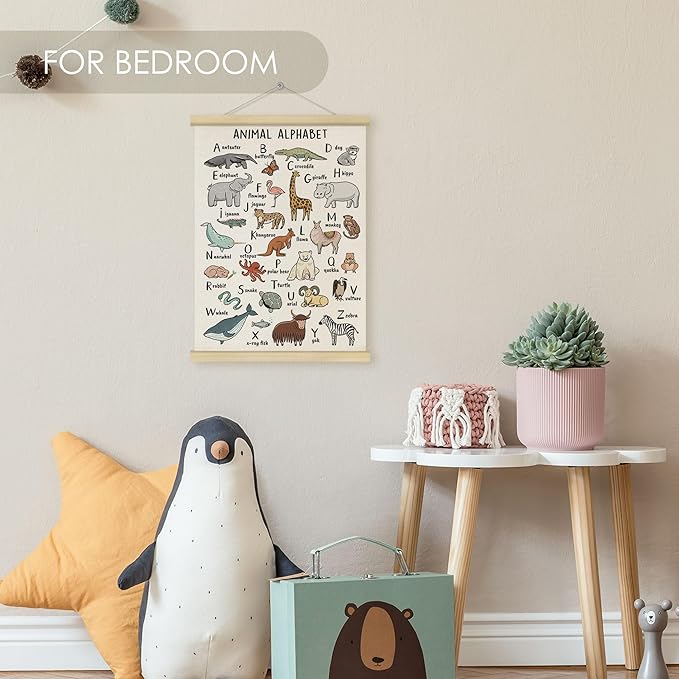 Fewgb Animal Alphabet ABC Letter Chart Wall Art Decor for Classroom Nursery Playroom Toddlers Kids Room, Preschool Educational Learning Hanging Poster Framed with Hanger, Woodland Picture Prints 12x16