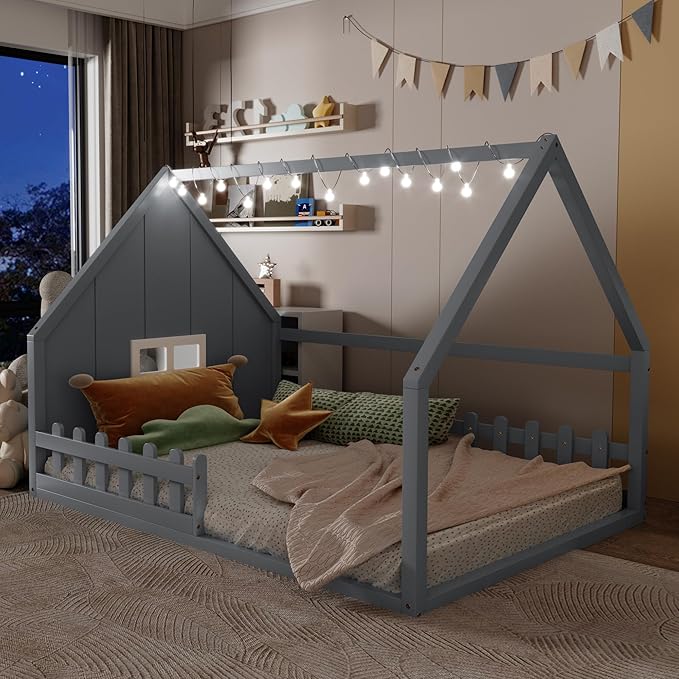 Merax Full-Size Wood House Bed with Window and Fence, Full Bed Frame for Teens, Boys, and Girls, Grey
