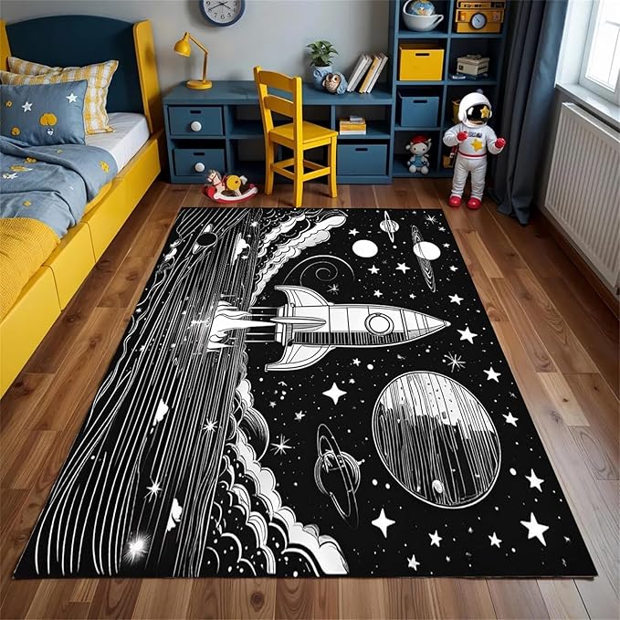 Space Planet Theme Area Rug,5x7ft,Universe Outer Space Rugs for Kids Bedroom Space Carpet Universe Solar System Planet Theme Carpets for Living Room Nursery Room Toddler Classroom Decor
