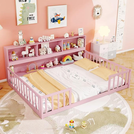 KOMFOTT Full Floor Bed with Bookcase & Shelves, Wood Bed Frame with Bedside Bookshelves & Guardrails, Versatile 2-in-1 Montessori Floor Bed for Kids (Full,Pink)