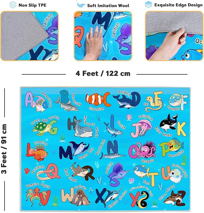 Kids Rugs for Playroom, 3x4 Feet Educational Rug for Learn The ABC Alphabet, Soft Machine Washable Non-Slip Cute Marine Organisms Carpet for Classroom Toddler Nursery Kids Room Decor, Blue