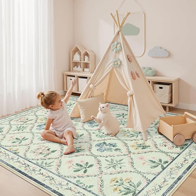 Green Nursery Rug for Baby Girl, 5x7 Washable Boho Floral Area Rug for Living Room, Cute Ultra-Thin Non Slip Indoor Girls Room Decor Carpet for Nursery Kids Room Bedroom Playroom Dorm