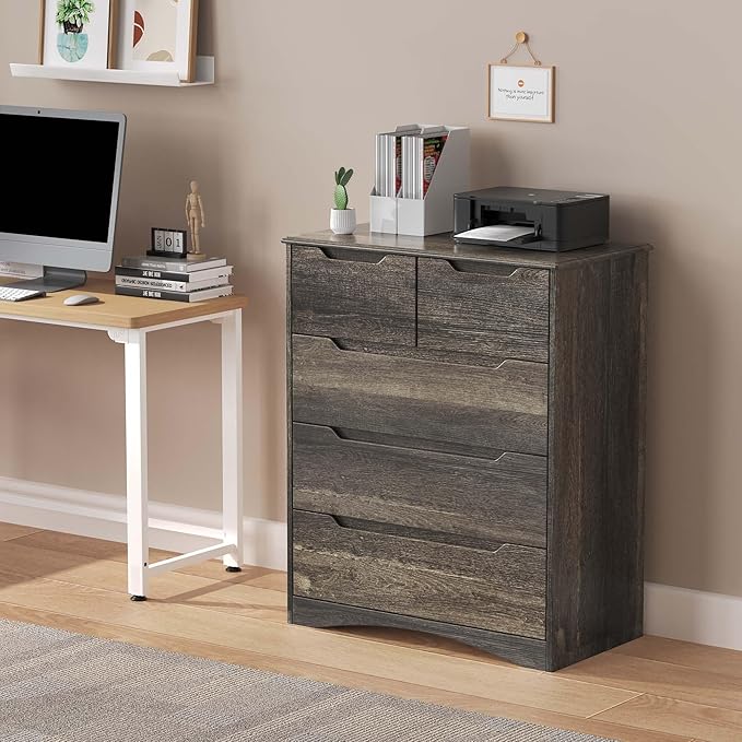 Gizoon 5 Drawers Chest, Dark Brown Dresser for Bedroom with Large Storage Capacity, Chest of Drawers with Embedded Handle, Sturdy Anti-Tripping Device for Hallway, Office, Living Room