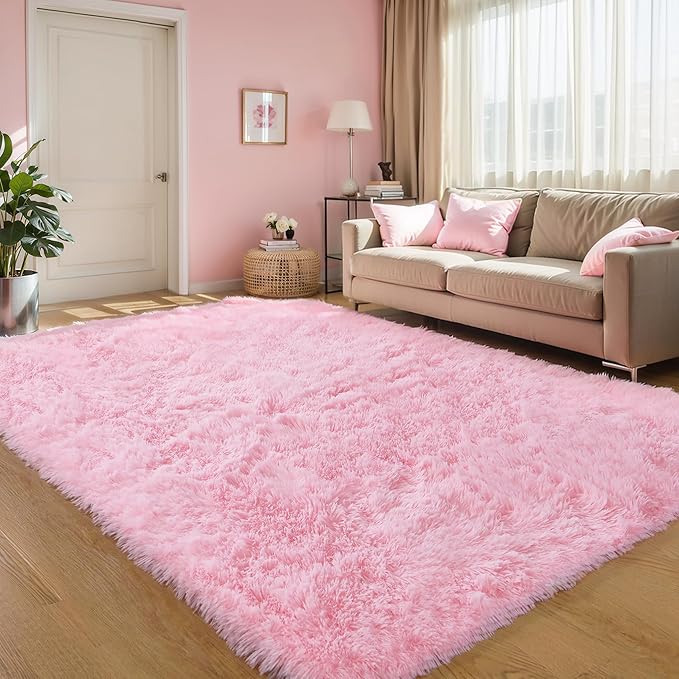 KCHOWUA Pink Fluffy Fuzzy Small Area Rugs for Bedroom Girls,3'x5' Machine Washable Plush Pastel Throw Cute Rug for Living Room,Modern Soft Shag Shaggy Furry Floor Nursery Kids Dorm Room Carpets