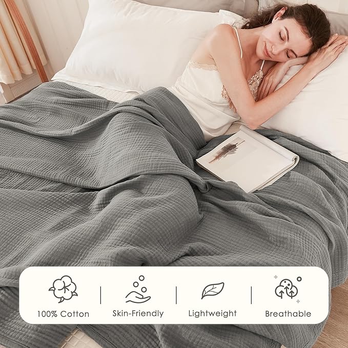 EMME Cotton Muslin King Blanket Big Oversized Bed Layering Bedspread Coverlet Breathable Gauze Soft Lightweight Blankets (Grey, 120"x94")