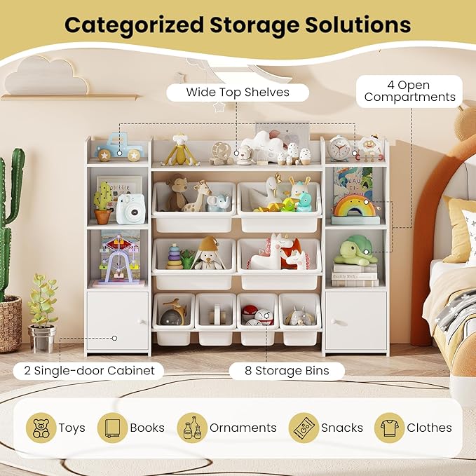 Costzon 56'' Kids Toy Storage Organizer with 8 Removable Bins, 4-Tier Toddler Bookshelf Cubbies, Preschool Children's Montessori Bookshelf w/6 Large Cabinet for Playroom, Daycare, Kids Room, Classroom
