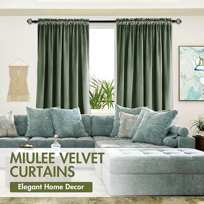 MIULEE Velvet Curtains Sage Green Thermal Insulated Blackout Curtain Drapes for Bedroom Living Room Darkening 84 Inches Long Curtains Panels Rod Pocket Set of 2