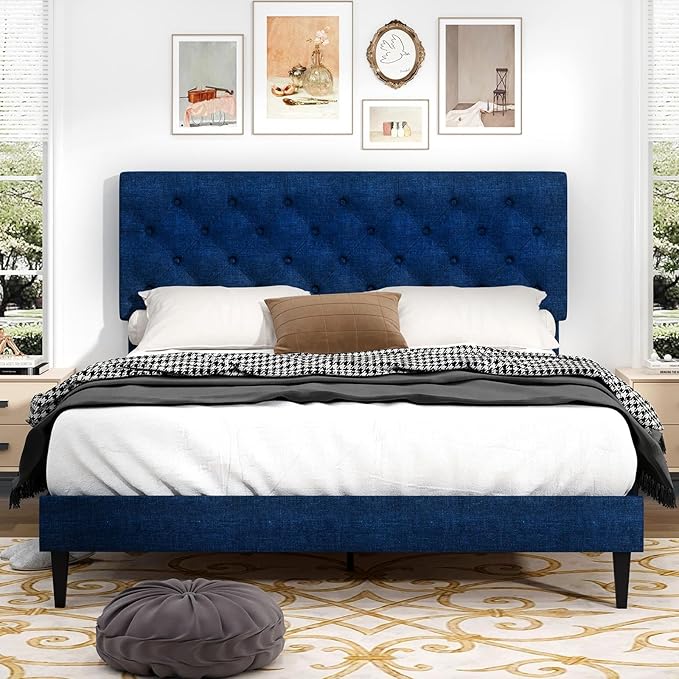 BarnFurin Queen Size Bed Frame with Headboard, Linen Upholstered Platform Bed with Button Tufted Design, No Box Spring Required, Easy Assembly, Navy Blue