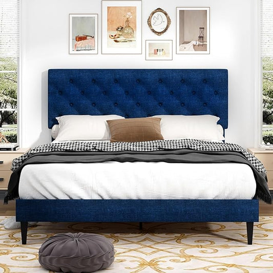 BarnFurin Queen Size Bed Frame with Headboard, Linen Upholstered Platform Bed with Button Tufted Design, No Box Spring Required, Easy Assembly, Navy Blue