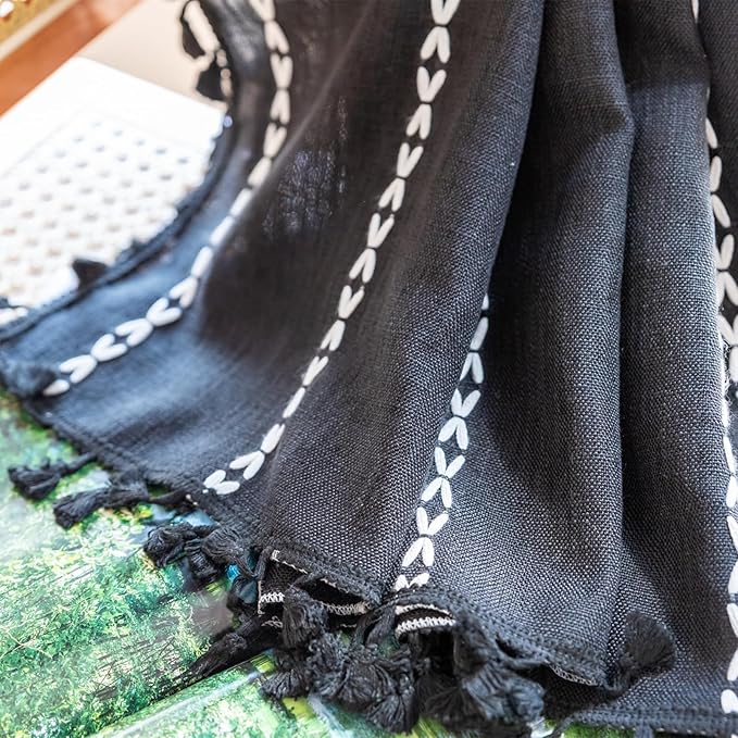 Deeprove Black Boho Curtains 72 inches Long for Bedroom, Vintage Bohemian Embroidery Farmhouse Cotton Linen French Country Tassel Window Treatments Gothic Halloween Decor, W52 x L72, 1 Panel