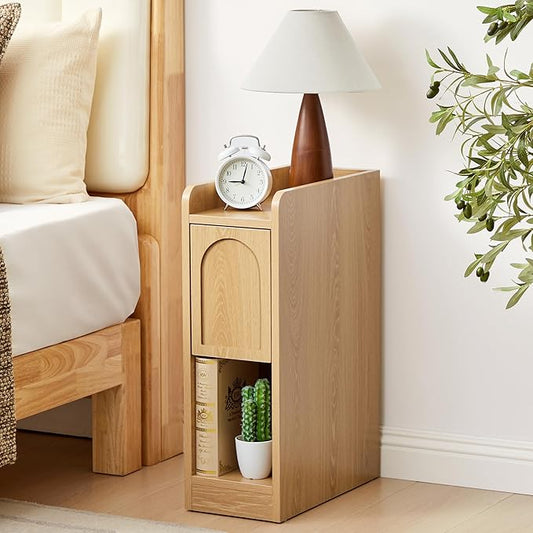 Narrow Nightstand, Slim Bedside Table with Raised Edge Top, Arched Drawer & Open Shelf, Modern Wooden Small Side End Table for Bedroom or Living Room (1, Natural)