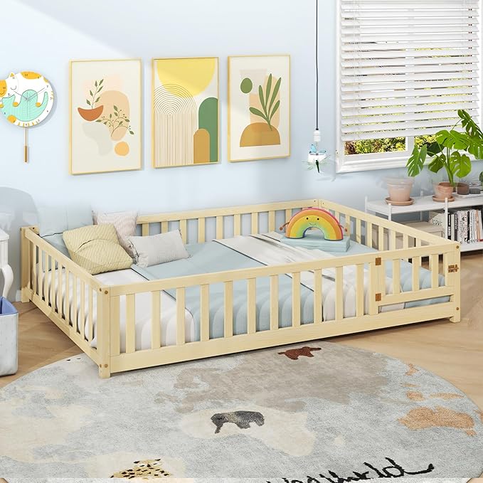 Giantex Full Floor Bed with Fence for Kids, Montessori Bed Frame with Door and Safety Guardrails, Solid Wood Floor BedsFull with Slats Support for Kids Boys Girls, Natural