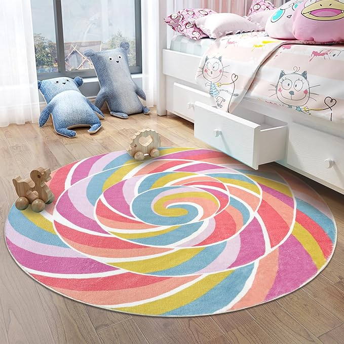 Kids Rug Play Mat 4Ft Round Rainbow Lollipop Girls Bedroom Carpet Circle Candy Nursery Mat Playroom Rug for Children Crawling, Candyland Party Decorations