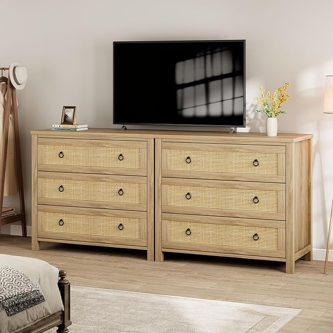 IDEALHOUSE Rattan Dresser for Bedroom, Chest of Dressers 29" Tall Dresser for Closet with 3 Rattan Drawers Chest with Clothes Storage Cabinet, Drawer Organizer for Bedroom, Living Room, Hallway