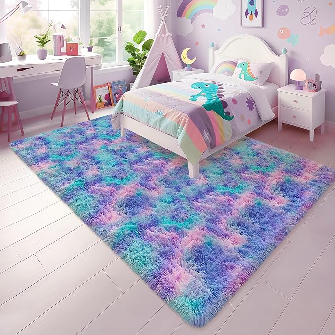 Soft Fluffy Purple Rainbow Rug for Bedroom Kids 6x9 Mermaid Stitch Rugs for Girls Bedroom Fuzzy Shag Carpet Cute Plush Shaggy Rugs for Living Room Kids Room Baby Toddler's Room Nursery Decor