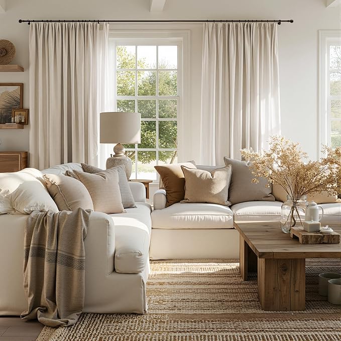 jinchan Beige Linen Blend Curtains 96 Inches Length 2 Panels Floor to Ceiling Curtains for Bedroom Living Room, Semi Sheer 50 Inches Wide Natural Farmhouse Drapes Rod Pocket Back Tab (50W x 96L, Ecru)