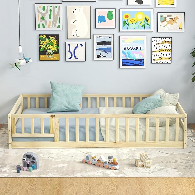 Giantex Twin Floor Bed with Fence for Kids, Wooden Montessori Bed Frame with Lockable Door & Guardrails, Low Floor Beds for Kids, Boys, Girls, No Box Spring Needed, Without Wood Slats, Natural